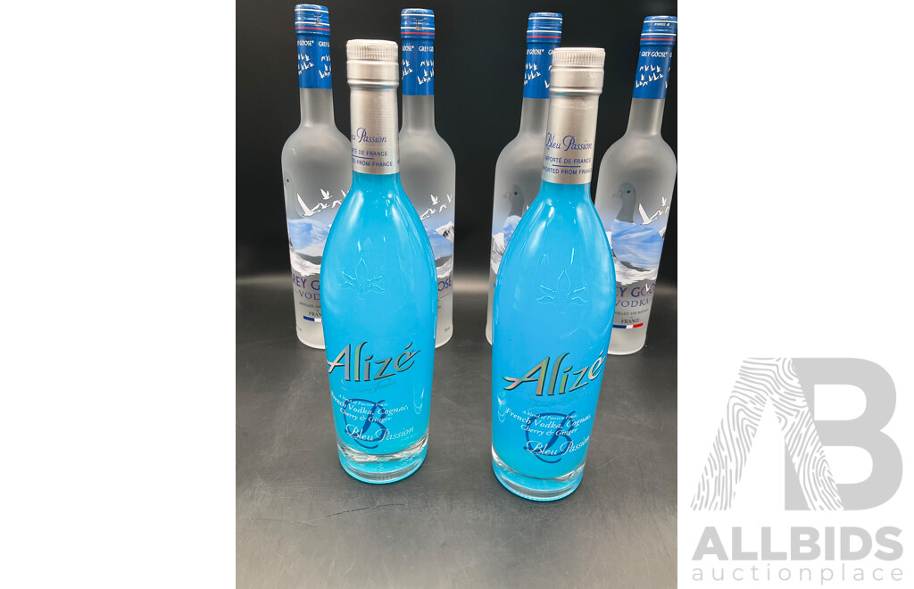 Grey Goose Vodka 700ml (x4), & Alize Bleu Cognac 750ml (x2) - Lot of 6 - ORP $459.00