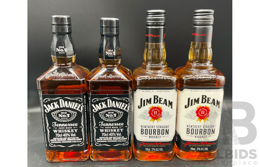 Jack Daniels Whiskey 700ml (x2) & Jim Bean Bourbon Scotch 700ml (x2) - Lot of 4 - ORP $239.00