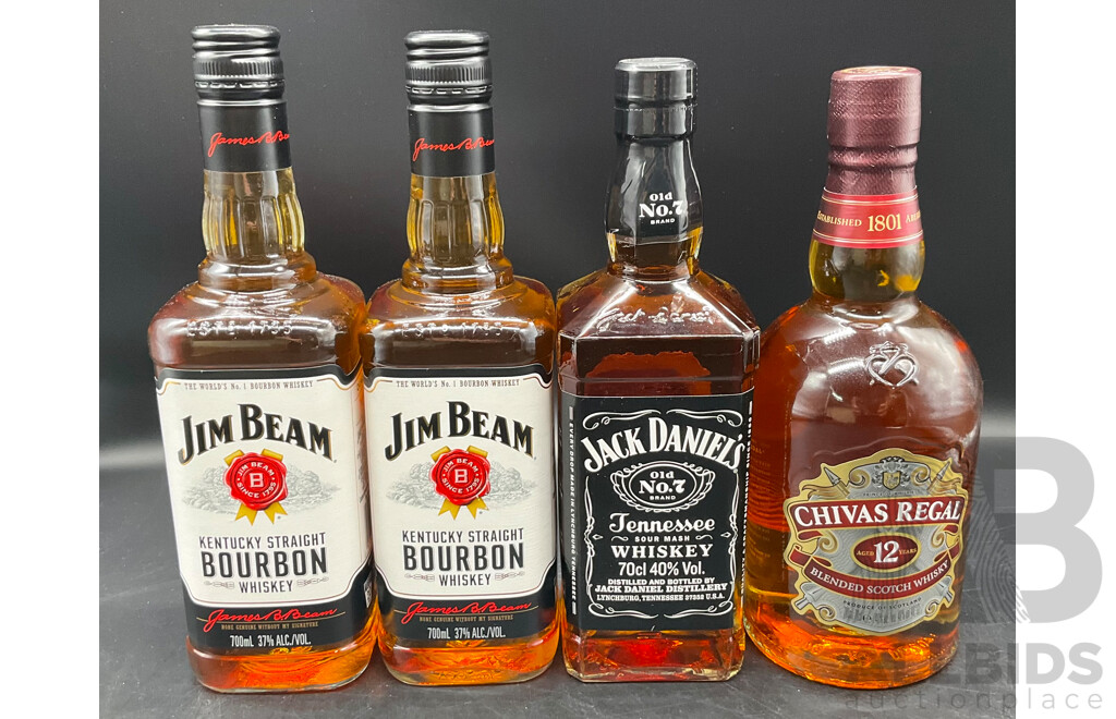 Jim Bean Bourbon Scotch 700ml (x2), Jack Daniels Whiskey 700ml & Chivas Regal Blended Scotch Whisky 700mL - Lot of 4 - ORP $179.00