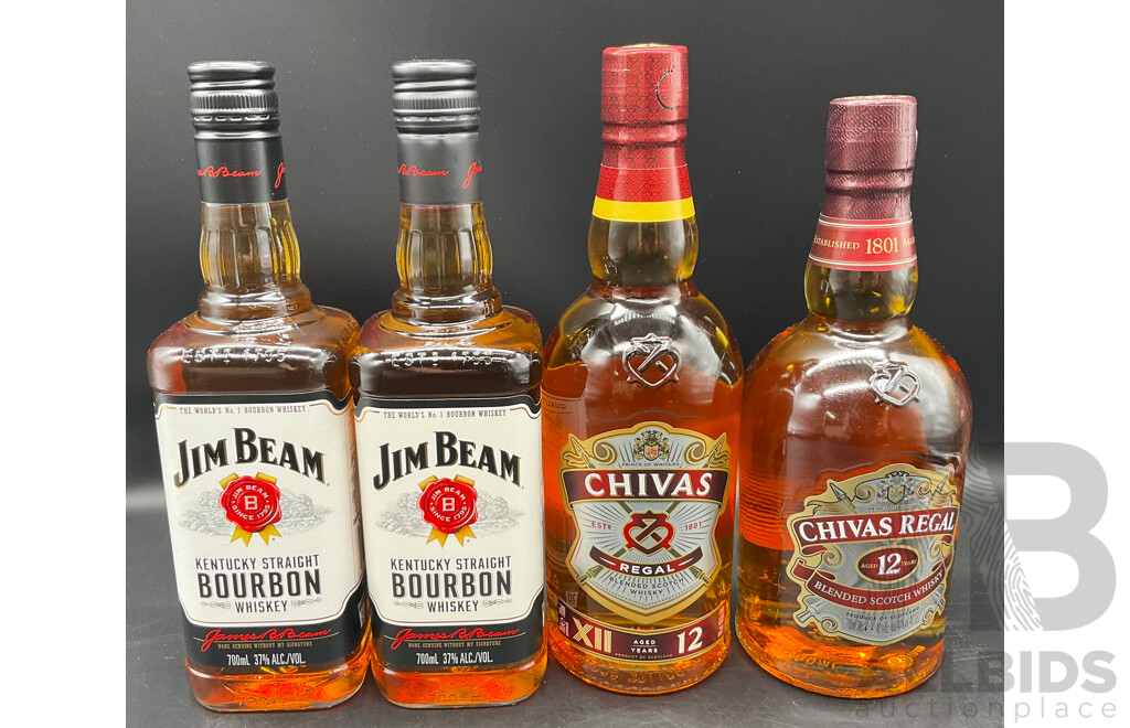 Jim Bean Bourbon Scotch 700ml (x2) & Chivas Regal Blended Scotch Whisky 700mL (x2) - Lot of 4 - ORP $259.00