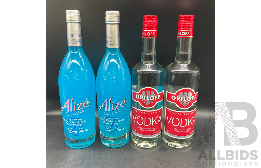 Alize Bleu Cognac 750ml (x2) & Oriloff Vodka 700ml (x2) - Lot of 4 - ORP $239.00