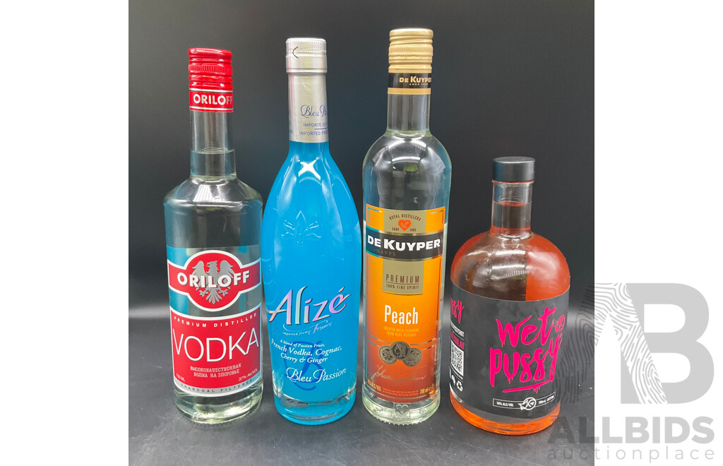 Alize Bleu Cognac 750ml, Oriloff Vodka 700ml, Wet Pussy Liquore 700ml & De Kuyper Peach Schnapps 700mL - Lot of 4 - ORP $219.00