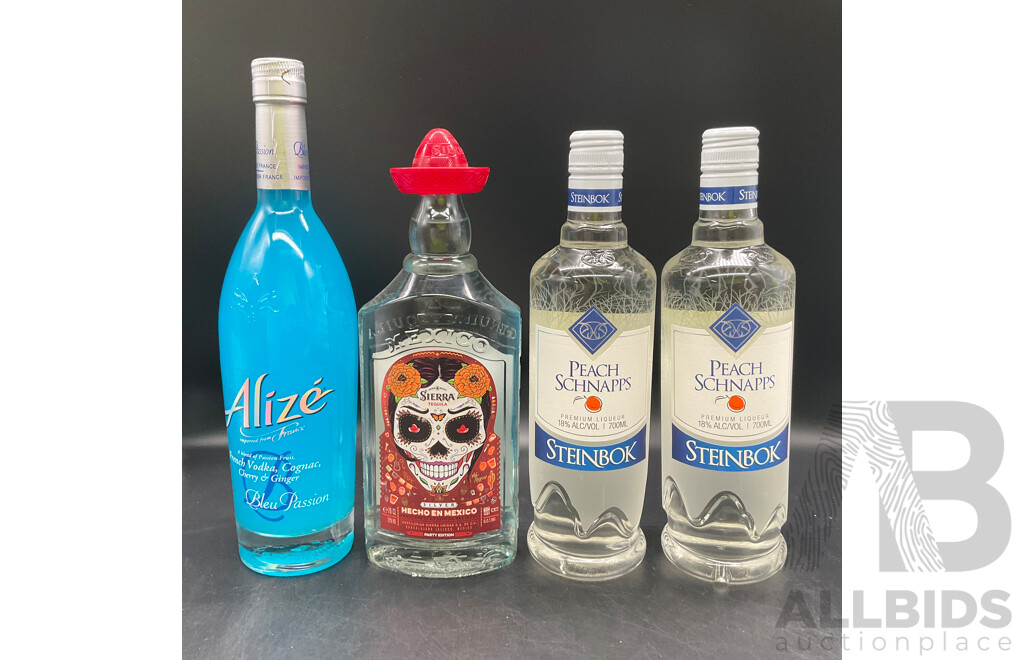 Alize Bleu Cognac 750ml, Oriloff Vodka 700ml & Steinbok Peach Schnapps 700ml (x2) - Lot of 4 - ORP $199.99