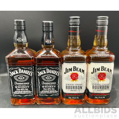 Jack Daniels Whiskey 700ml (x2) & Jim Bean Bourbon Scotch 700ml (x2) - Lot of 4 - ORP $239.00