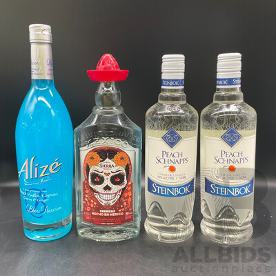 Alize Bleu Cognac 750ml, Oriloff Vodka 700ml & Steinbok Peach Schnapps 700ml (x2) - Lot of 4 - ORP $199.99