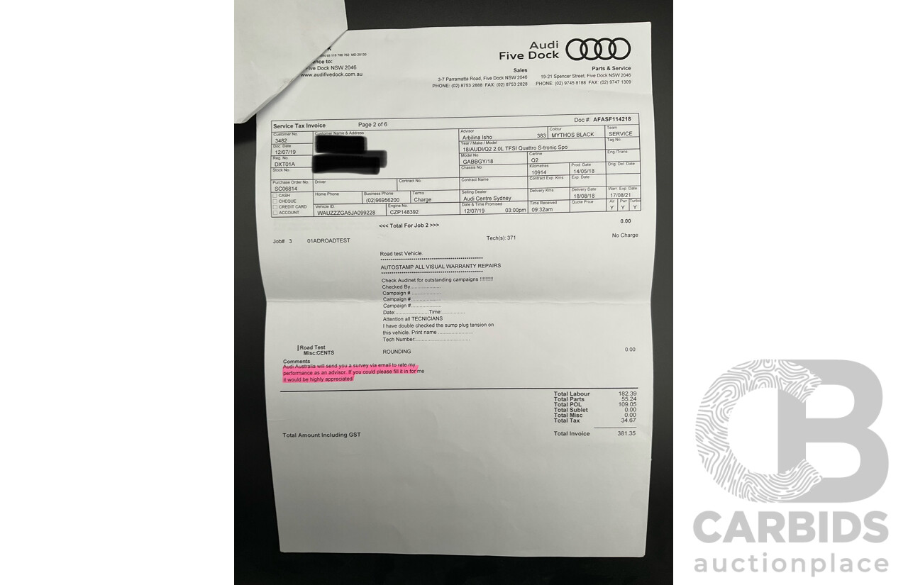 07/2018 Audi Q2 2.0 TFSI Quattro Sport (AWD) GA MY18 4D Wagon Mythos Black Metallic Turbo 2.0L