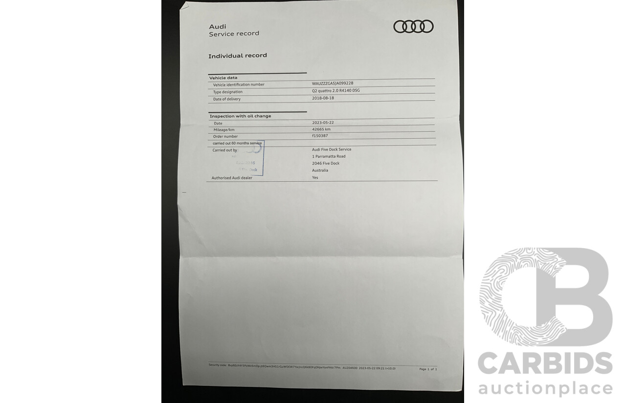 07/2018 Audi Q2 2.0 TFSI Quattro Sport (AWD) GA MY18 4D Wagon Mythos Black Metallic Turbo 2.0L