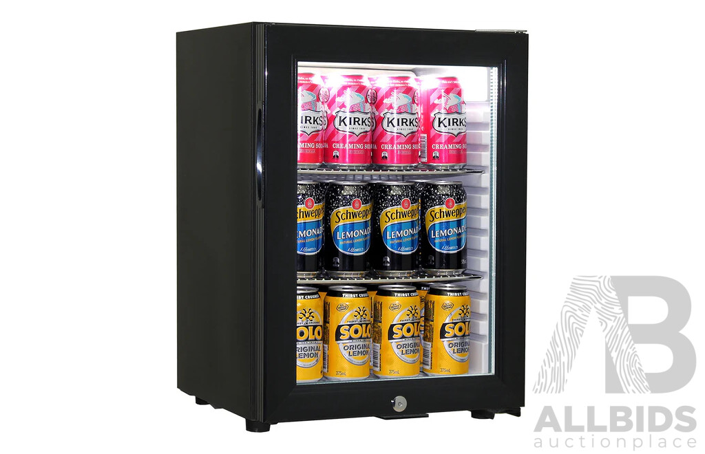 Schmick Black Glass Door Mini Bar Accommodation Fridge Quiet Running with Shallow Depth - Model SK40-B  - ORP $457