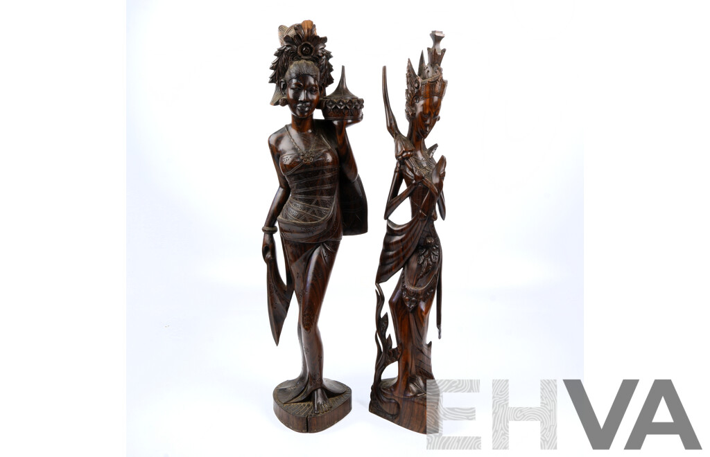 Two Finely Carved Indonesian Macassar Ebony Female Figures