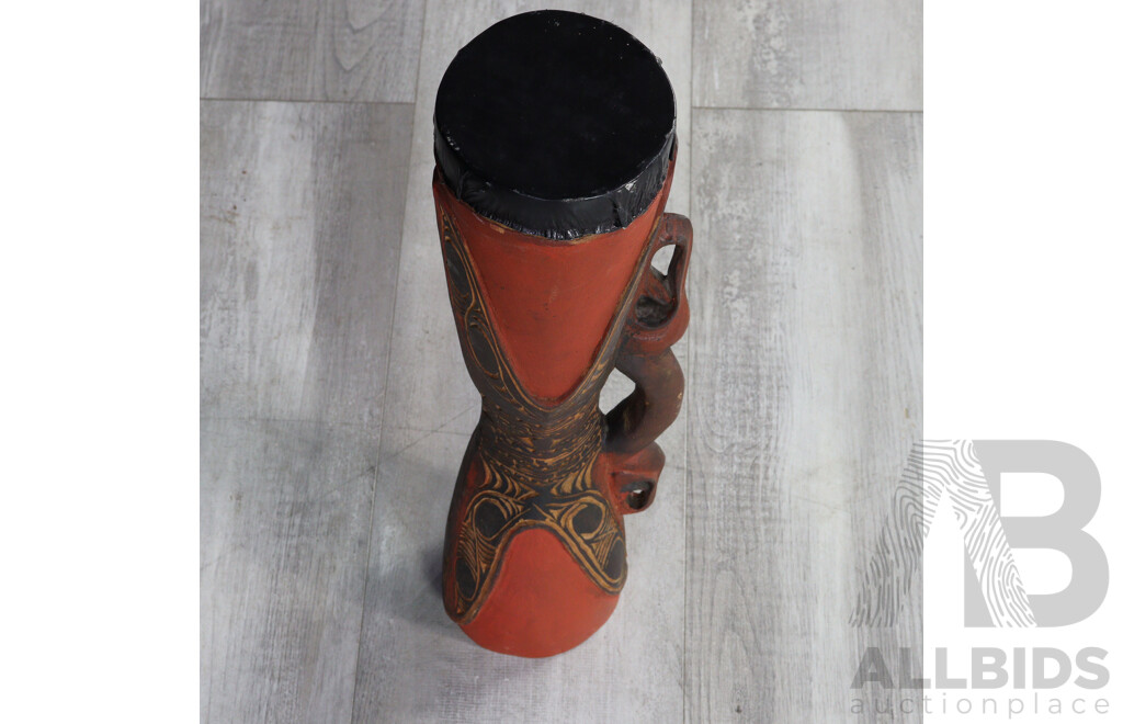 Hand Carved Papua New Guinea Sepik River Wooden Drum with Polychrome Decoration