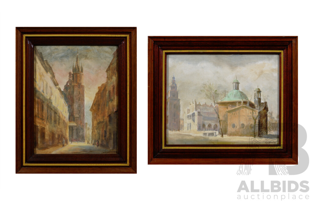 Romuald Wilk (20th Century, Polish, Working C1980-90s), Florianska Ulica & Maly Barbakan, Pair of Wonderful Images of Kraków, Poland, Oil on Canvas, 47 x 56 cm (frame largest) (2)