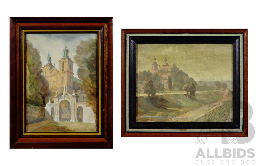 Romuald Wilk (20th Century, Polish, Working c1980-90s), Skalka, Pair of Wonderful Images of the Basilica (Known as Skalka) in Kraków, Poland, Oil on Canvas, 60 x 48 cm (frame largest) (2)