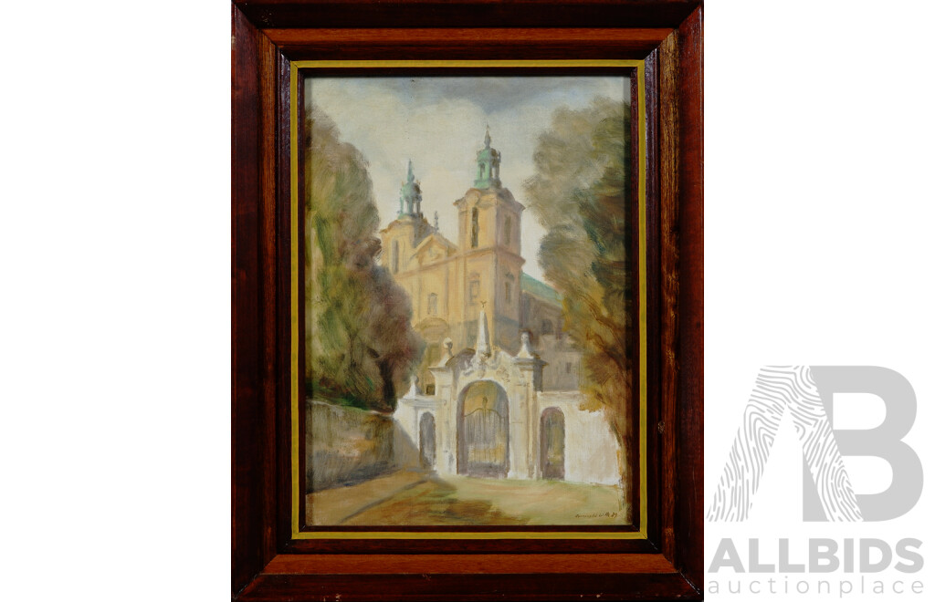 Romuald Wilk (20th Century, Polish, Working c1980-90s), Skalka, Pair of Wonderful Images of the Basilica (Known as Skalka) in Kraków, Poland, Oil on Canvas, 60 x 48 cm (frame largest) (2)