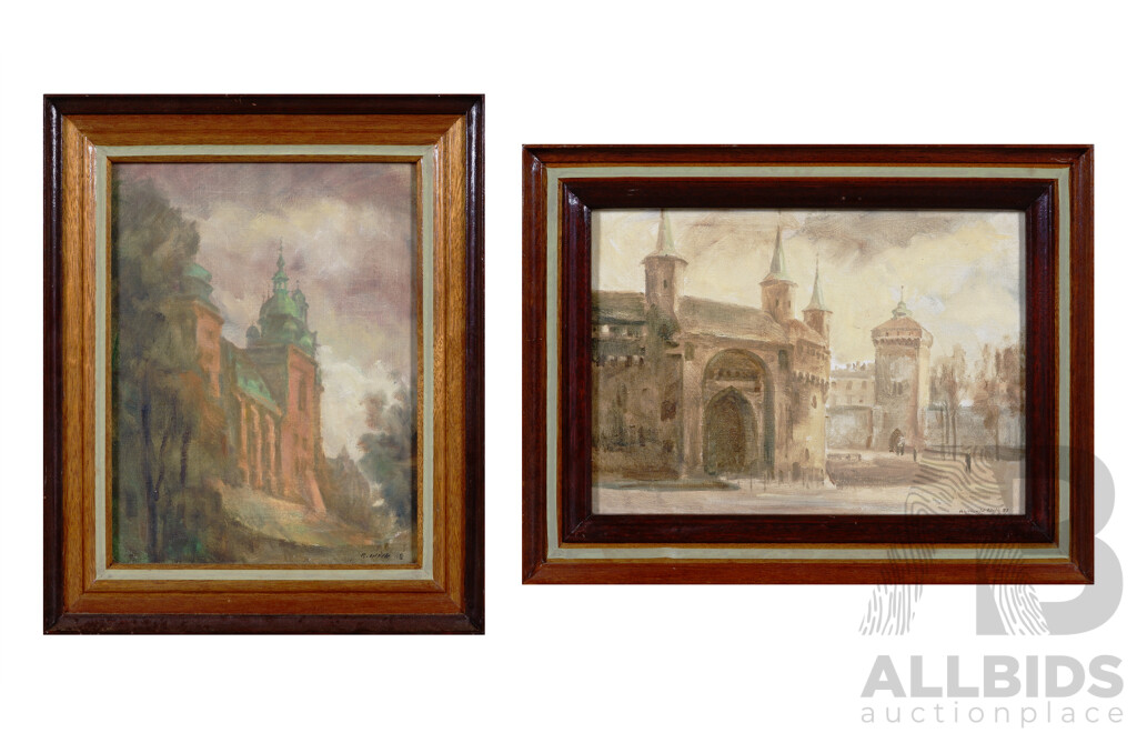 Romuald Wilk (20th Century, Polish, Working 1980-90s), 'Wawel' & 'Barbakan,' Kraków, Poland, Wonderful Pair of Oil on Canvases, 45 X 58 Cm (frame Largest) (2)