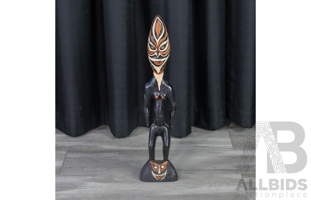 Hand Carved Papua New Guinea Wooden Female Ancestor Figure with Cowrie Shell Eye Detail