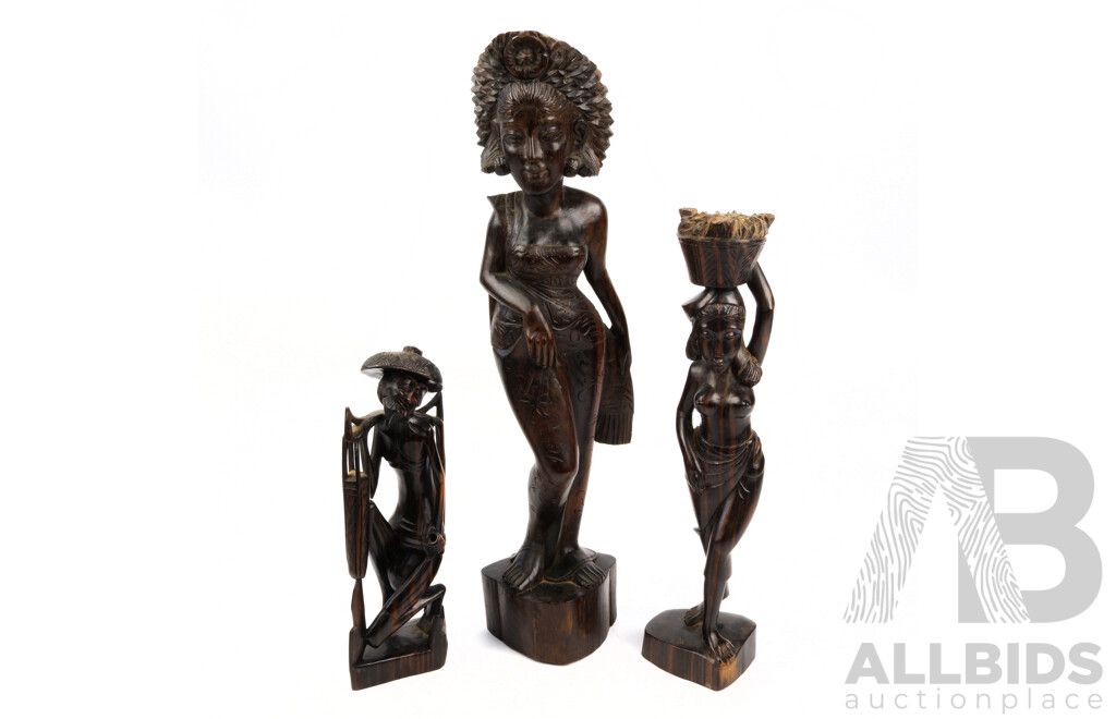 Collection Three Carved Indonesian Macassar Ebony Figures