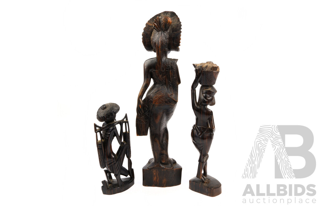 Collection Three Carved Indonesian Macassar Ebony Figures