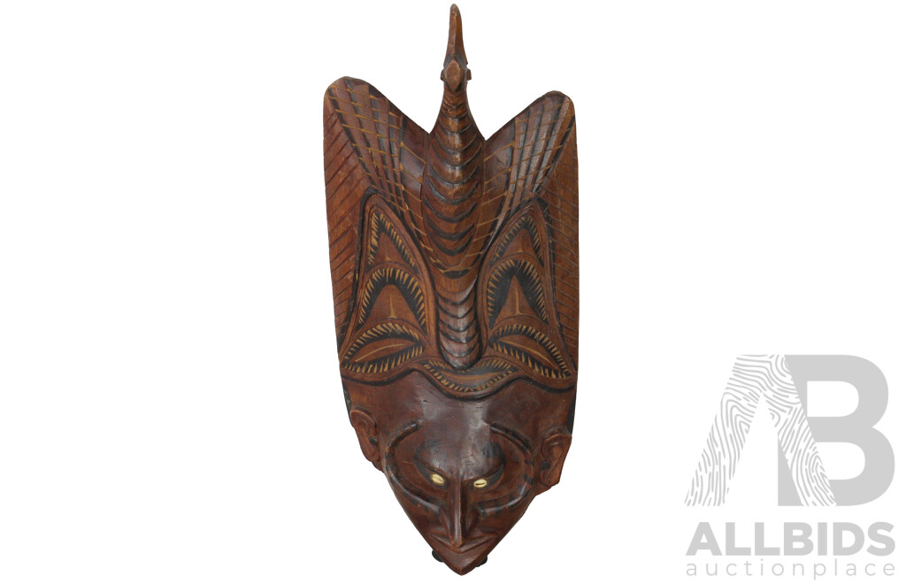 Hand Carved Papua New Guinea Wooden Mask with Winged Bird Detail