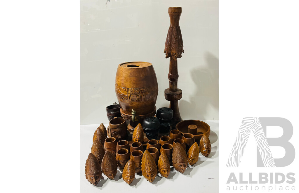 Collection Asian and PNG Carved Wooden Dinner Ware Items Including Set 12 Tankards, Set 12 Napkin Rings, Barrel and More