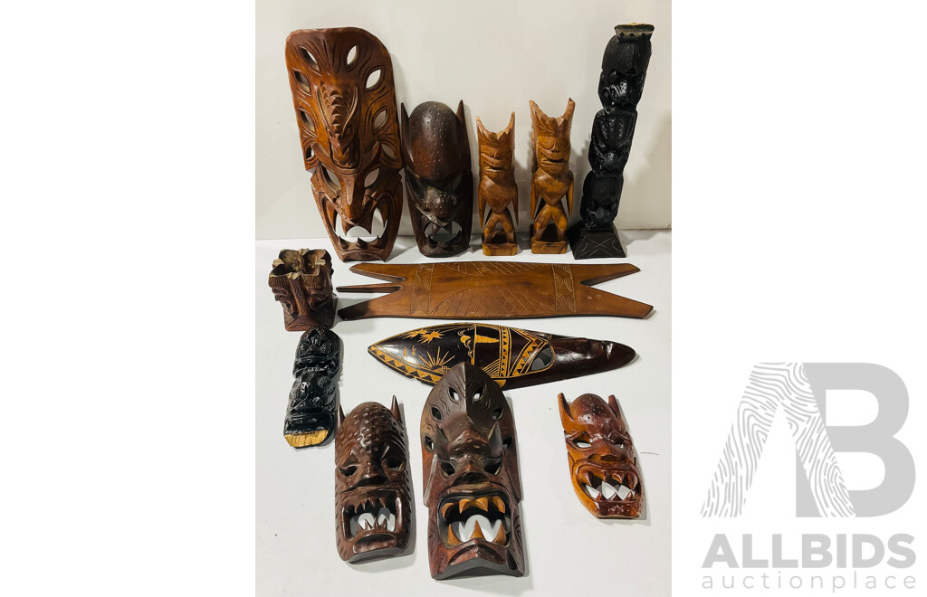 Collection Carved Wooden Asian, PNG and Other Display Masks, Figures and Sheild