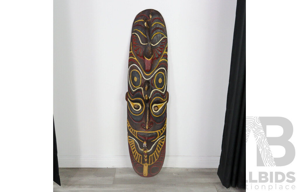 Large Hand Carved Papua New Guinea Wooden Display Mask with Cowrie Shell Eyes and Bird Motif