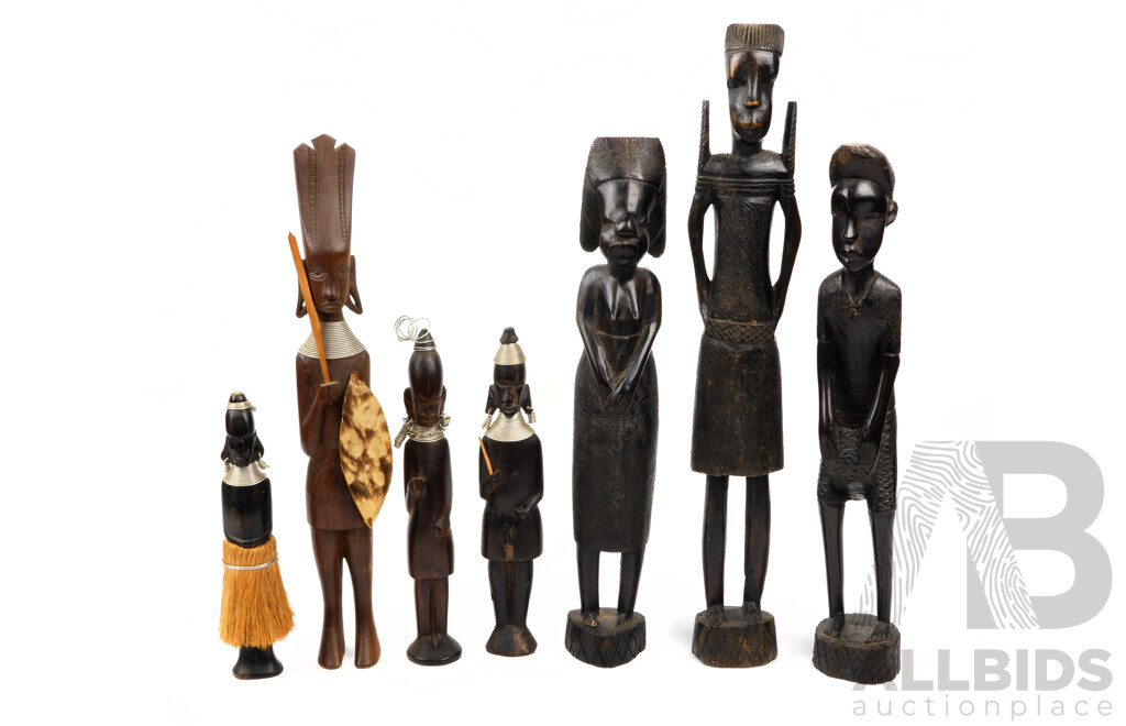 Collection Seven African Ebony Figures Including Two with Wound Wire Detail