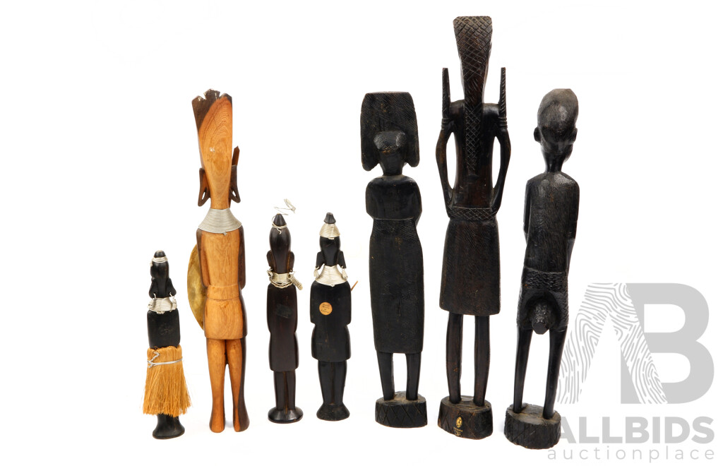 Collection Seven African Ebony Figures Including Two with Wound Wire Detail