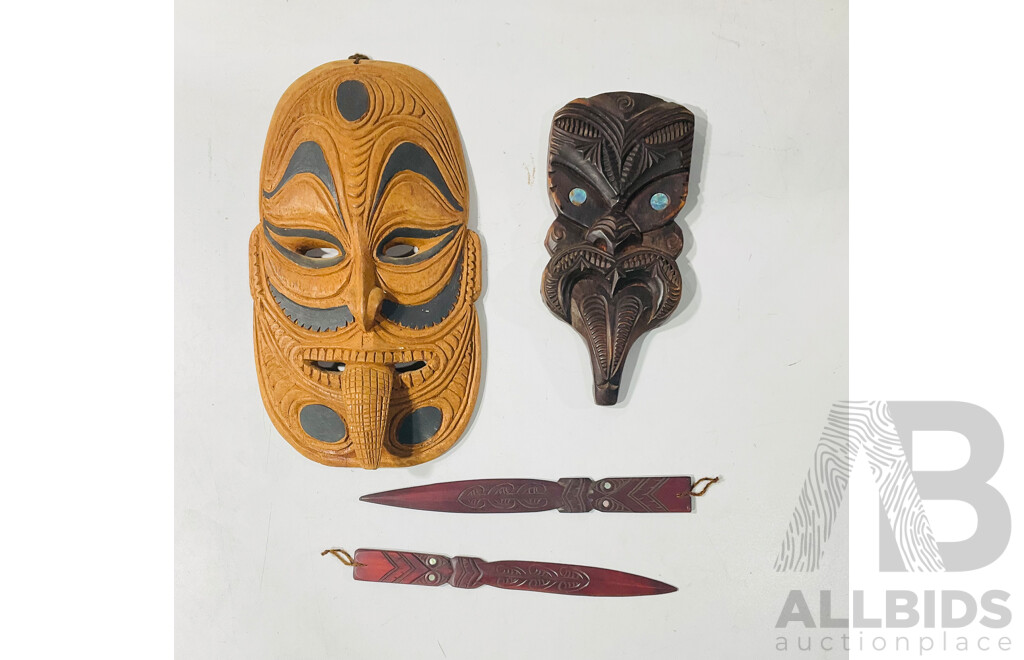 Collection Carved NZ Maori Wooden Items Including Mask and Pair Letter Openers