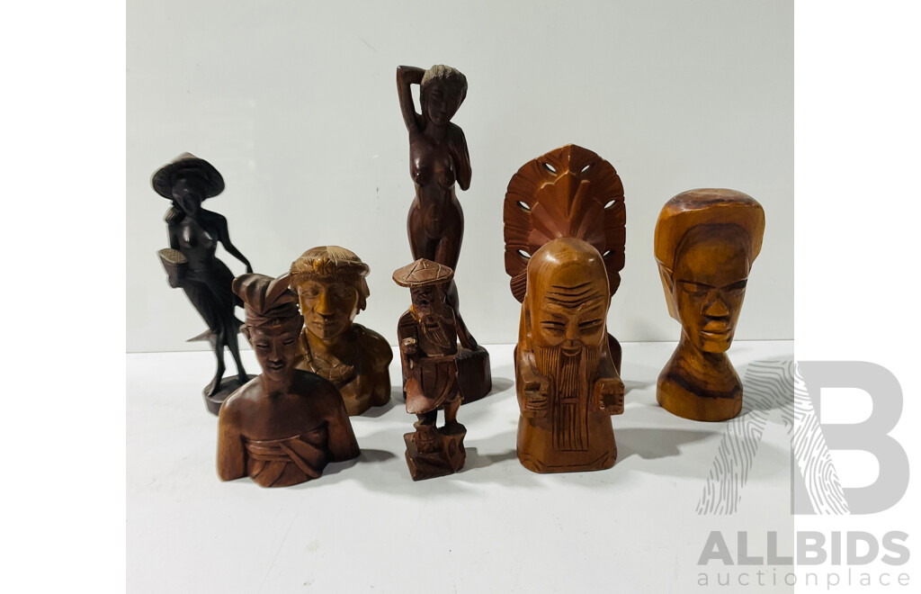 Collection Carved Asian, PNG and Other Wooden Decorator Items Including Figures and More