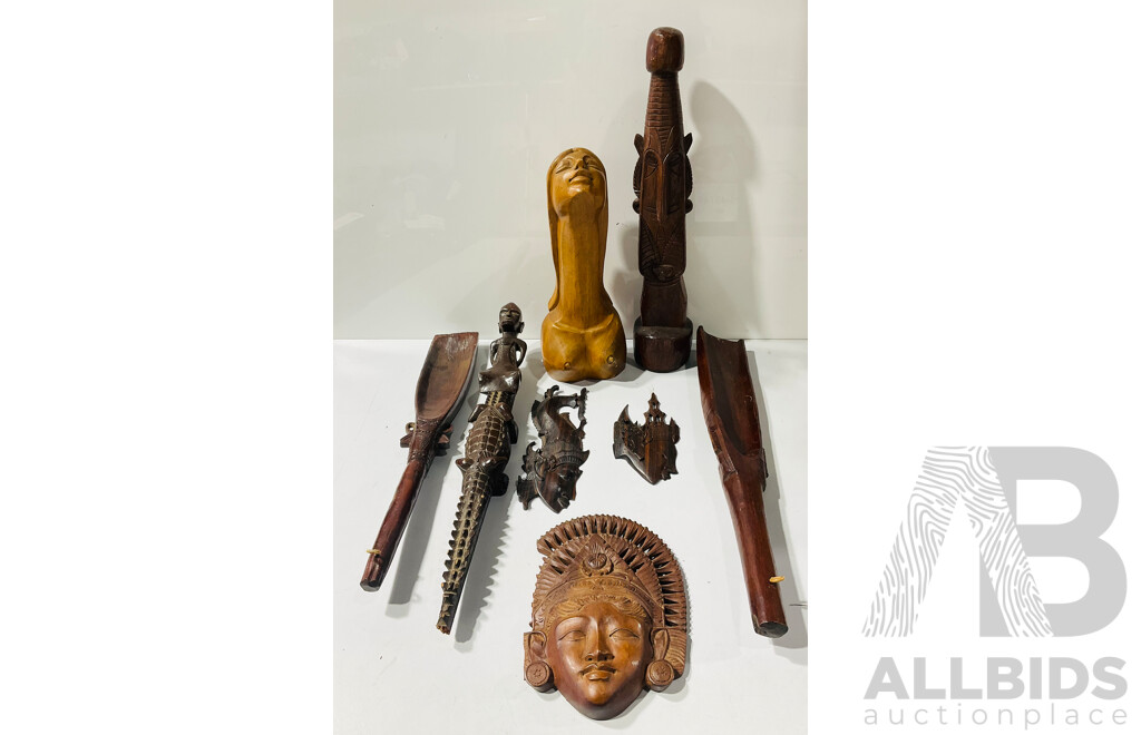 Collection Carved Asian, PNG and Other Wooden Decorator Items Including Two Carved Scoops and More