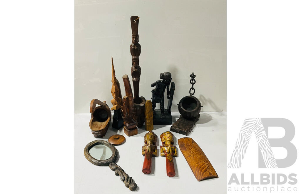 Collection Carved Asian, PNG and Other Wooden Decorator Items