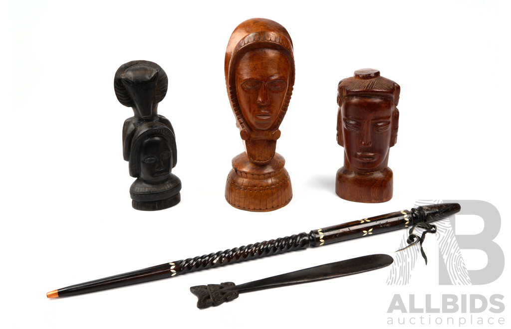 Collection Carved Trobriand Island Wooden Decorator Items INcluding Twist Carved Macassar Ebony Stick and More