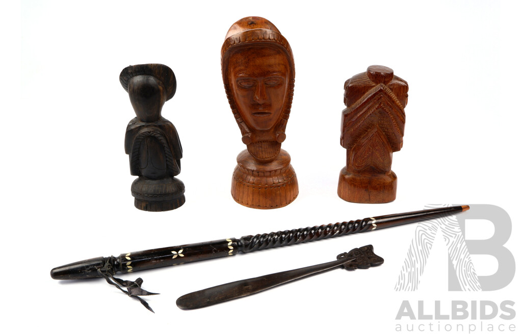 Collection Carved Trobriand Island Wooden Decorator Items INcluding Twist Carved Macassar Ebony Stick and More