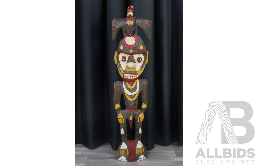 Large Hand Carved Papua New Guinea Wooden Male Ancestor Figure with Cowrie Shell Eyes and Polychrome Decoration