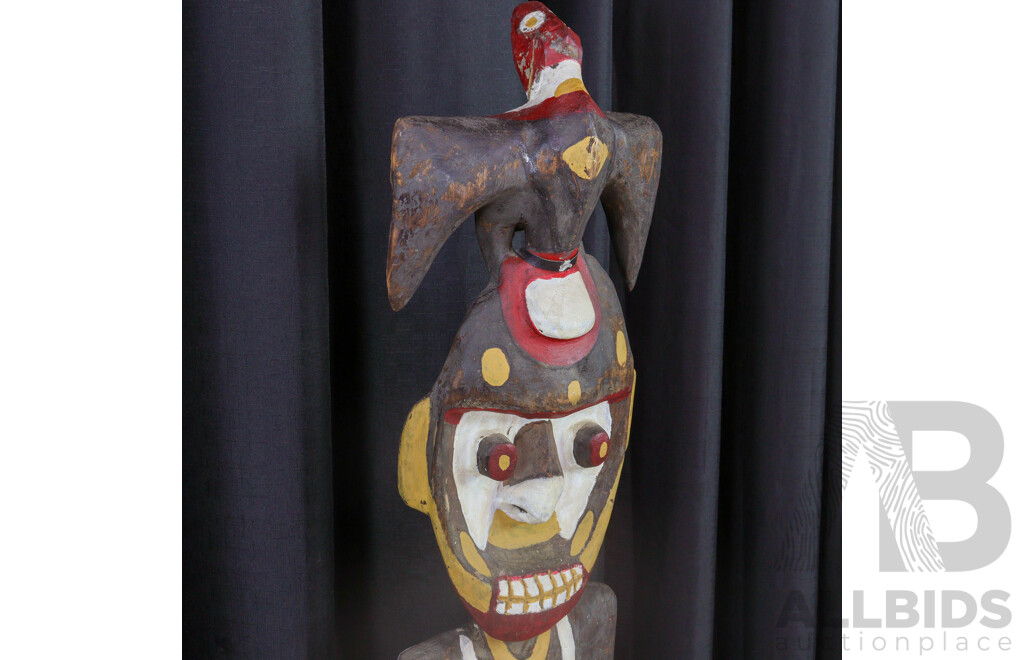 Large Hand Carved Papua New Guinea Wooden Male Ancestor Figure with Cowrie Shell Eyes and Polychrome Decoration