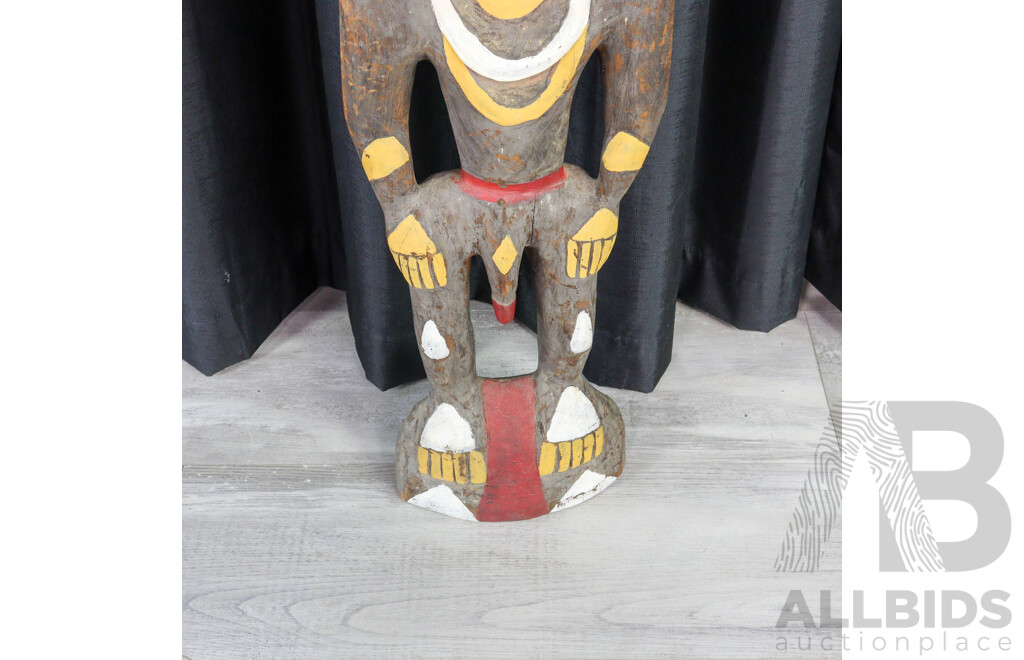 Large Hand Carved Papua New Guinea Wooden Male Ancestor Figure with Cowrie Shell Eyes and Polychrome Decoration