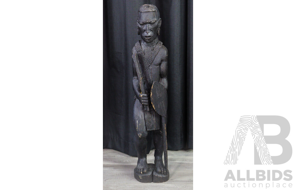 Large Hand Carved African Masai Wooden Male Figure with Shield and Stern Facial Expression