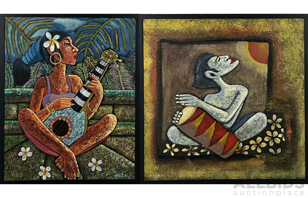 Balinese School, (20th Century), Pair of Balinese Musicians, Mixed Media Oil on Canvas, 103 x 103 cm (largest frame) (2)