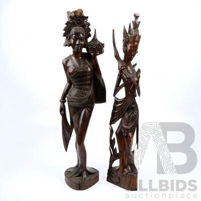 Two Finely Carved Indonesian Macassar Ebony Female Figures