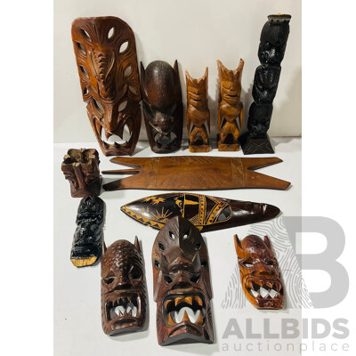 Collection Carved Wooden Asian, PNG and Other Display Masks, Figures and Sheild