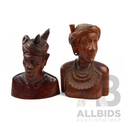 Two Carved Indonesian Wooden Busts