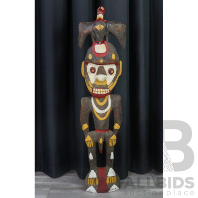 Large Hand Carved Papua New Guinea Wooden Male Ancestor Figure with Cowrie Shell Eyes and Polychrome Decoration