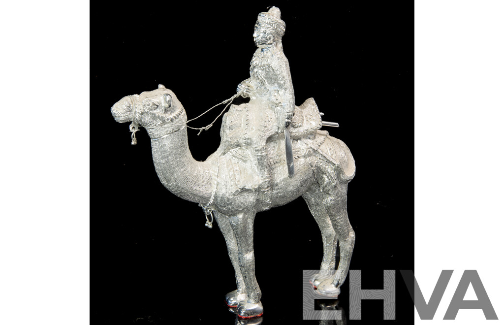 Vintage Hand Carved Middle Eastern White Metal Camel and Rider Figure