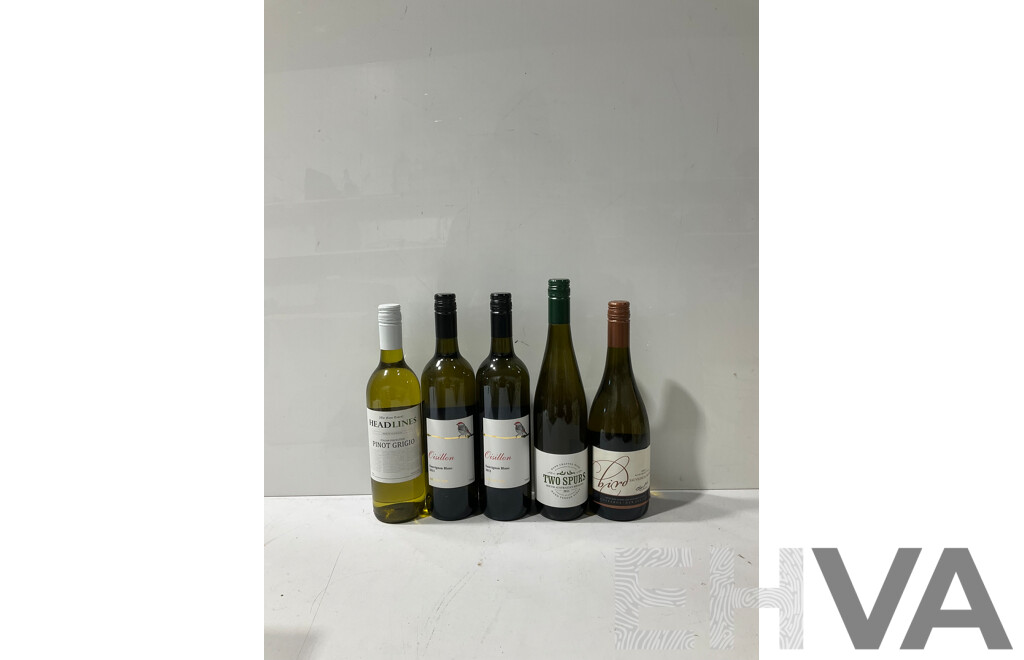 Collection of Five Bottles of Different White Wines Including Oisillon Sauv Blanc, Two Spurs Riesling and More