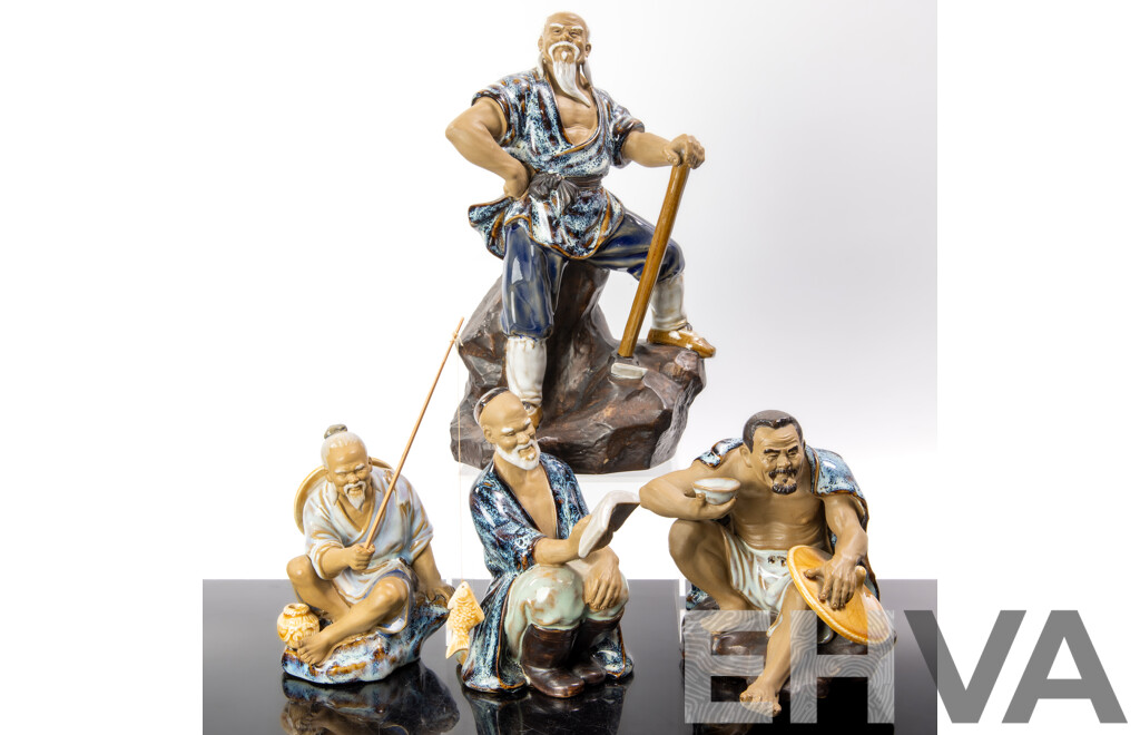Collection Four Chinese Mud Man Figures Including Fisherman