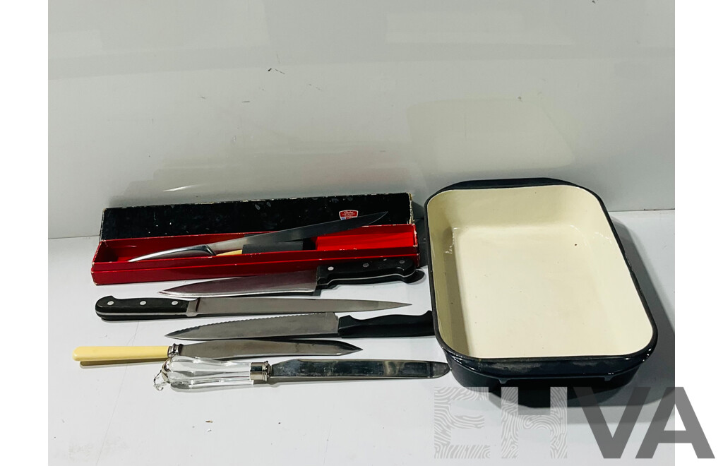Collection Kitchen Knives Including Gerber Fish Knife in Origianl Box, J J Henkels 26cm Slicer and More