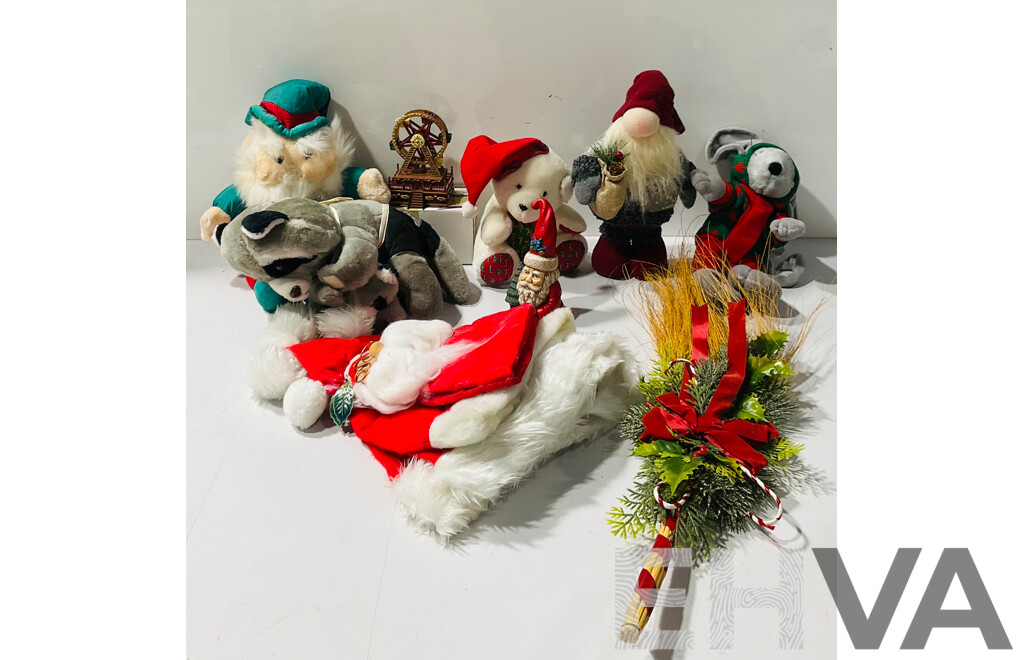 Collection of Christmas Decorations Including Hats, Statues and More