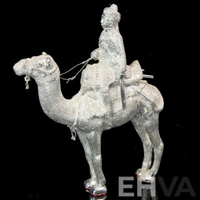 Vintage Hand Carved Middle Eastern White Metal Camel and Rider Figure
