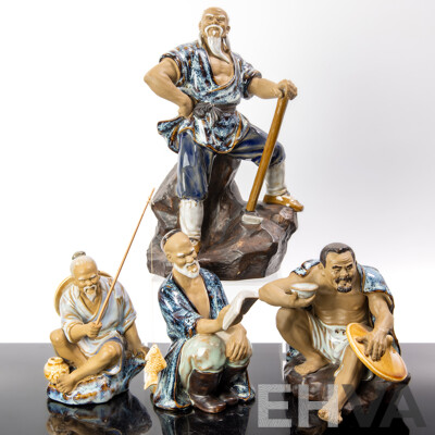 Collection Four Chinese Mud Man Figures Including Fisherman