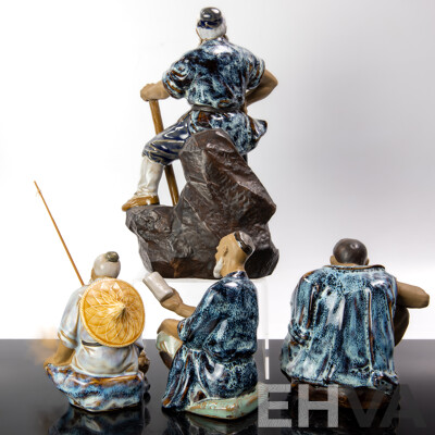 Collection Four Chinese Mud Man Figures Including Fisherman